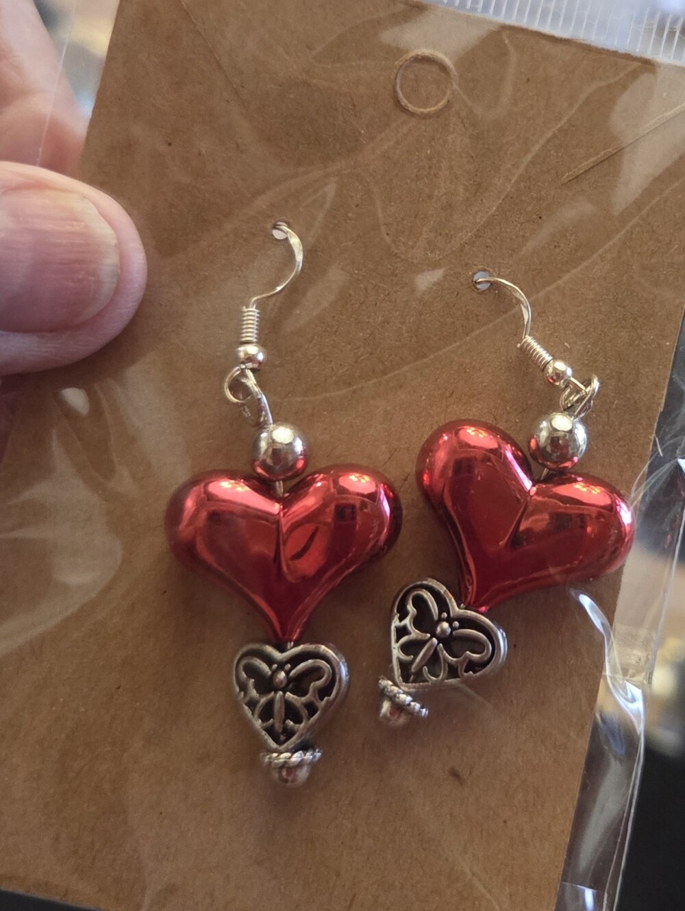 Shiny Red Heart Drop Earrings with Silver Accents